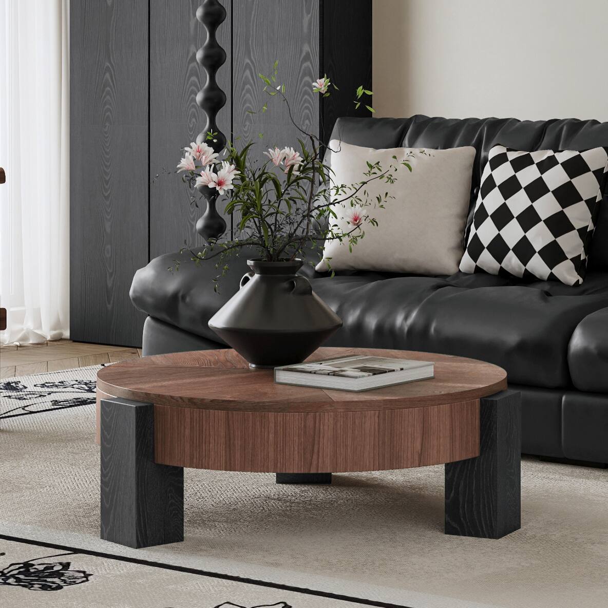Left. Loheer - Loheer 33 Inch Round Coffee Table with Hidden Storage Wabi Sabi Wood Parquet Center Accent Table Walnut and Black - Walnut+black.
