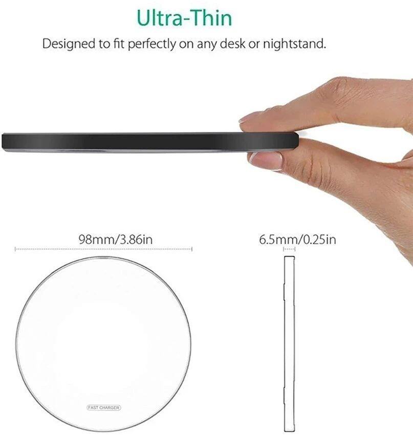 Ultra-Thin  
Designed to fit perfectly on any desk or nightstand.  

98mm/3.86in  
6.5mm/0.25in  

FAST CHARGER