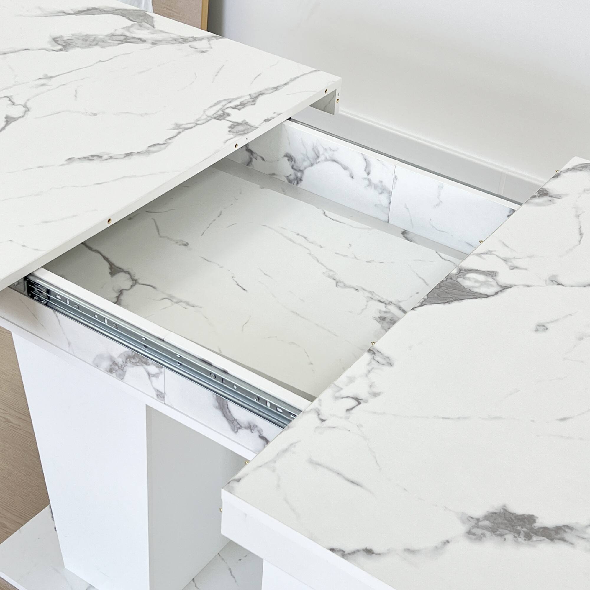 Alt View 8. Tiramisubest - Modern Extendable Dining Table for 4-10, White Faux Marble Wooden Rectangle Table with Dual Column Pedestal Base - White Marble.