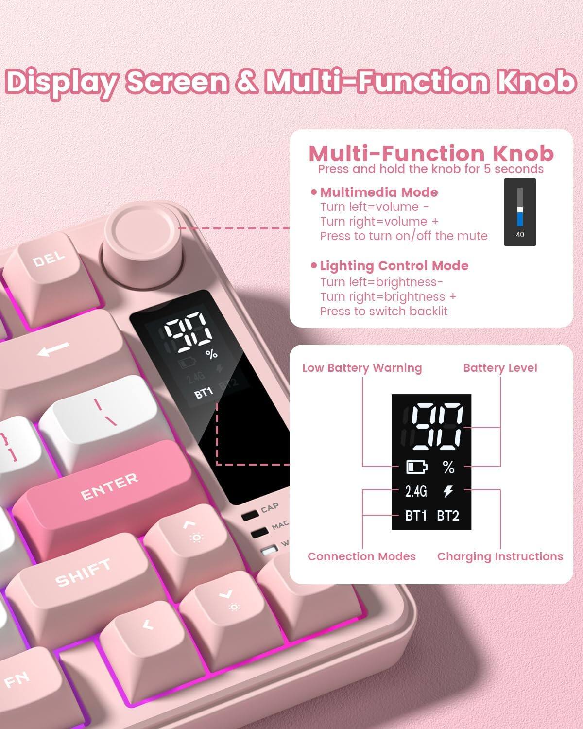 Display Screen & Multi-Function Knob

Multi-Function Knob
Press and hold the knob for 5 seconds

Multimedia Mode
- Turn left = volume -
- Turn right = volume +
- Press to turn on/off the mute

Lighting Control Mode
- Turn left = brightness -
- Turn right = brightness +
- Press to switch backlit

Low Battery Warning
Battery Level

Connection Modes
2.4G
BT1
BT2

Charging Instructions