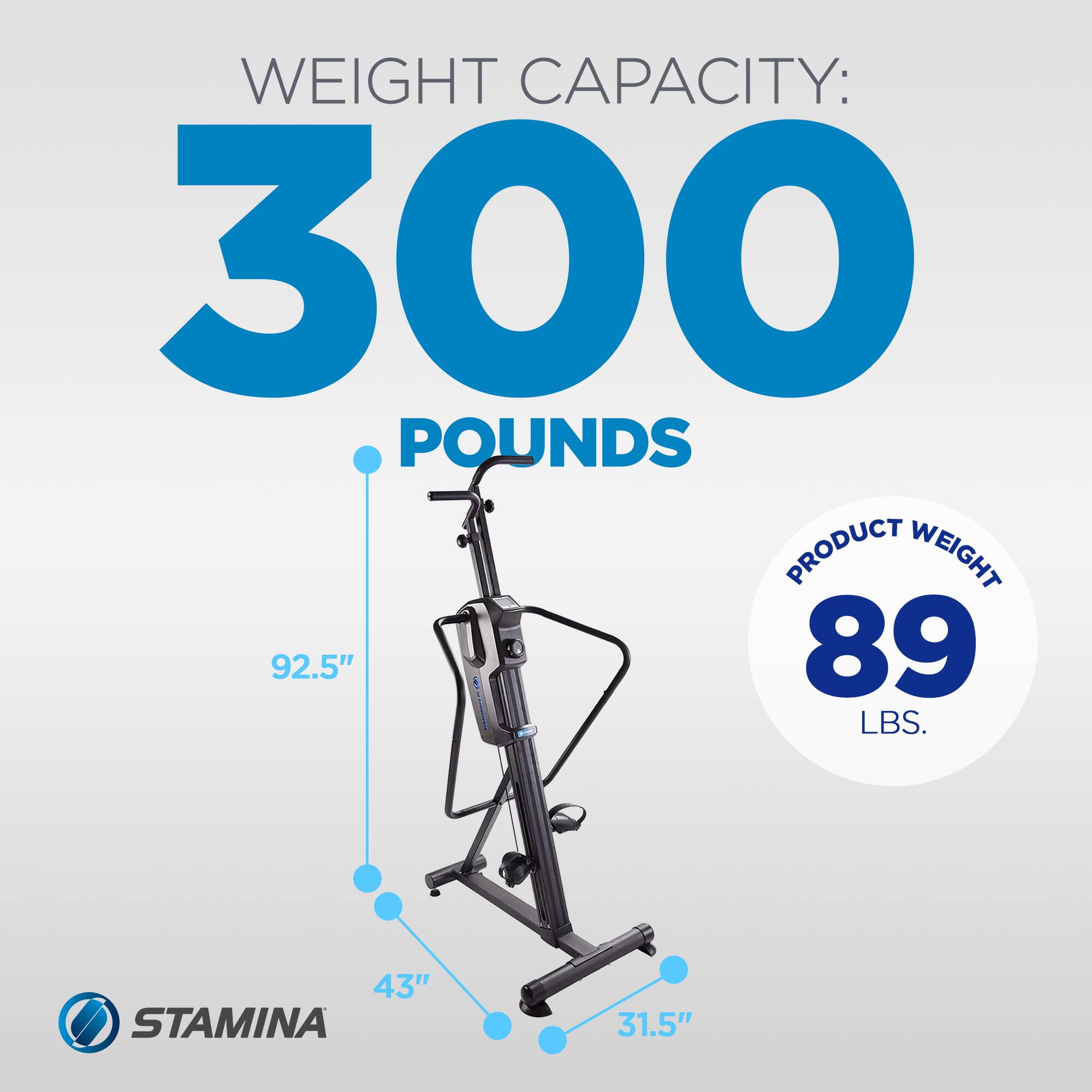 WEIGHT CAPACITY: 300 POUNDS  
PRODUCT WEIGHT: 89 LBS.  
92.5"  
43"  
31.5"