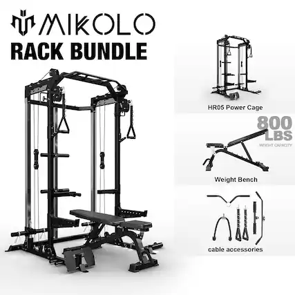 MIKOLO RACK BUNDLE HR05 Power Cage 800 LBS WEIGHT CAPACITY, Weight Bench, cable accessories