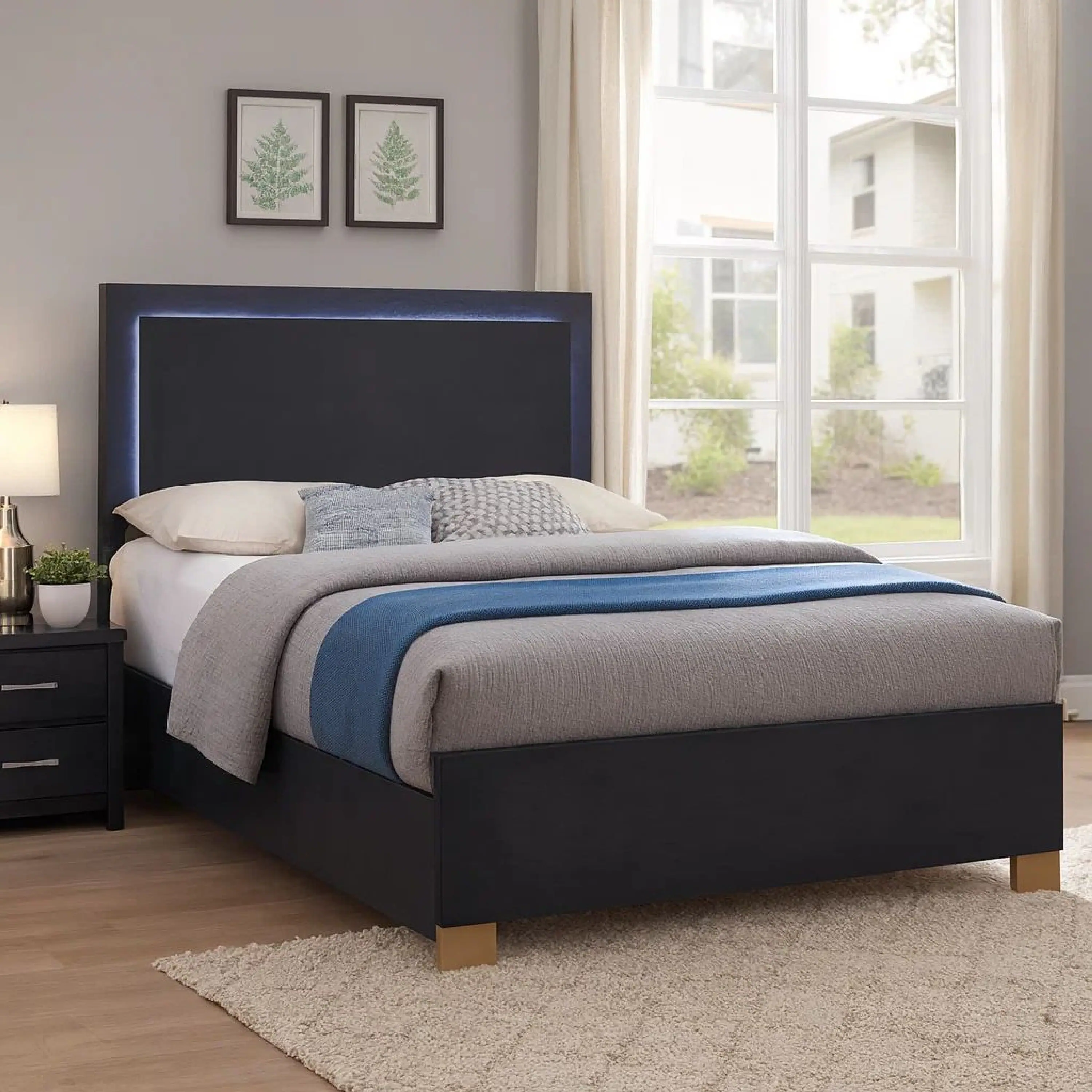 Alt View 7. Manhattan Lane - Dex Platform Queen Bed, Panel LED Headboard, Black Wood Melamine Finish - Black, Gold.