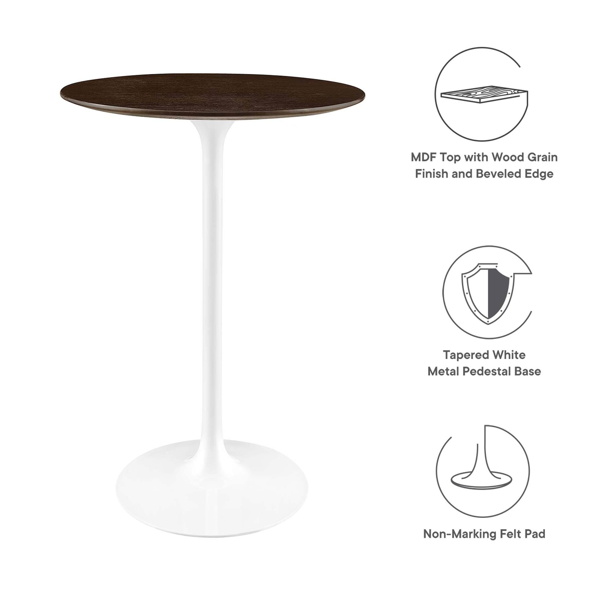 MDF Top with Wood Grain Finish and Beveled Edge  
Tapered White Metal Pedestal Base  
Non-Marking Felt Pad