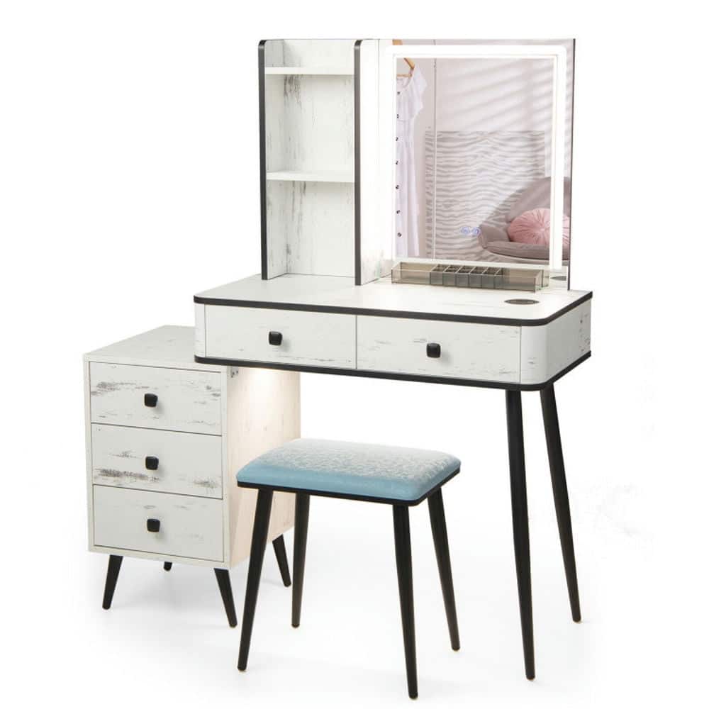 Pefilos - Vanity Makeup Table Set with Lighted Mirror- Vanity Set, Makeup Vanity Table - White