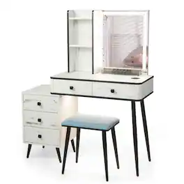 Pefilos - Vanity Makeup Table Set with Lighted Mirror- Vanity Set, Makeup Vanity Table - White