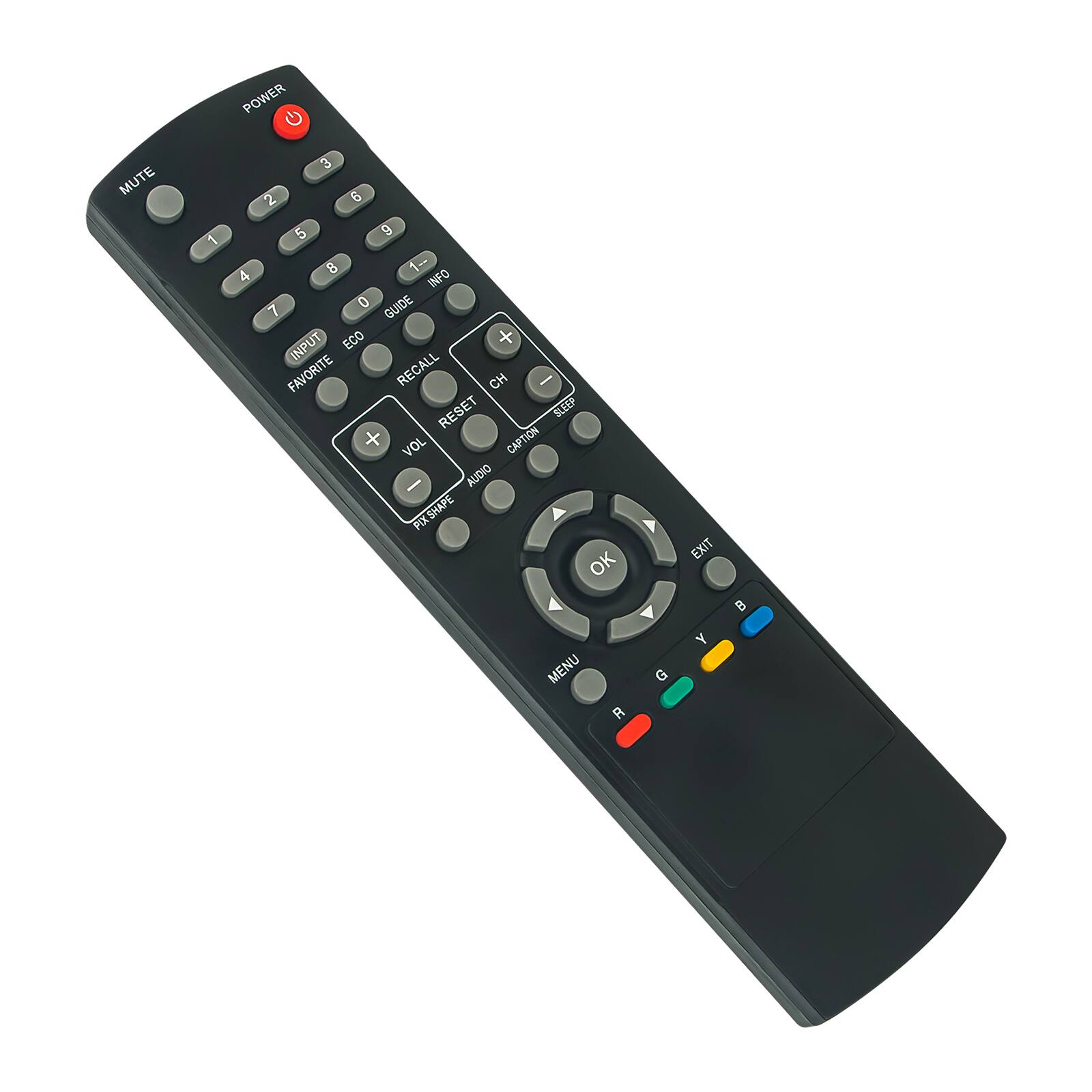 POWER MUTE 1 2 3 4 5 6 7 8 9 0 -- INFO GUIDE INPUT ECO FAVORITE RECALL CH RESET SLEEP VOL CAPTION AUDIO FIXSHAPE A OK MENU EXIT R G Y B