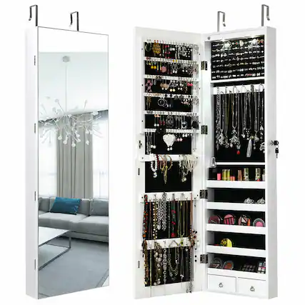 Front. Gymax - Gymax Wall & Door Mounted Mirrored Jewelry Cabinet Storage Organizer W/ Lights&Drawer White - White.