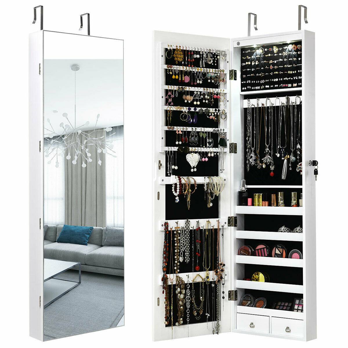 Front. Gymax - Gymax Wall & Door Mounted Mirrored Jewelry Cabinet Storage Organizer W/ Lights&Drawer White - White.