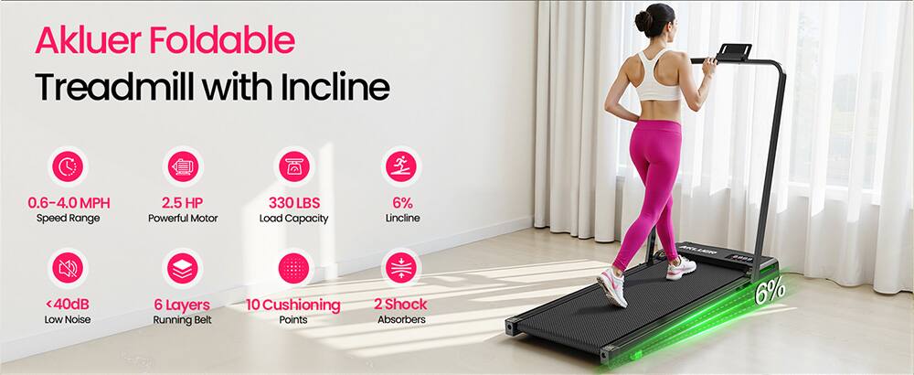 Akluer Foldable Treadmill with Incline

- 0.6-4.0 MPH Speed Range
- 2.5 HP Powerful Motor
- 330 LBS Load Capacity
- 6% Incline
- <40dB Low Noise
- 6 Layers Running Belt
- 10 Cushioning Points
- 2 Shock Absorbers