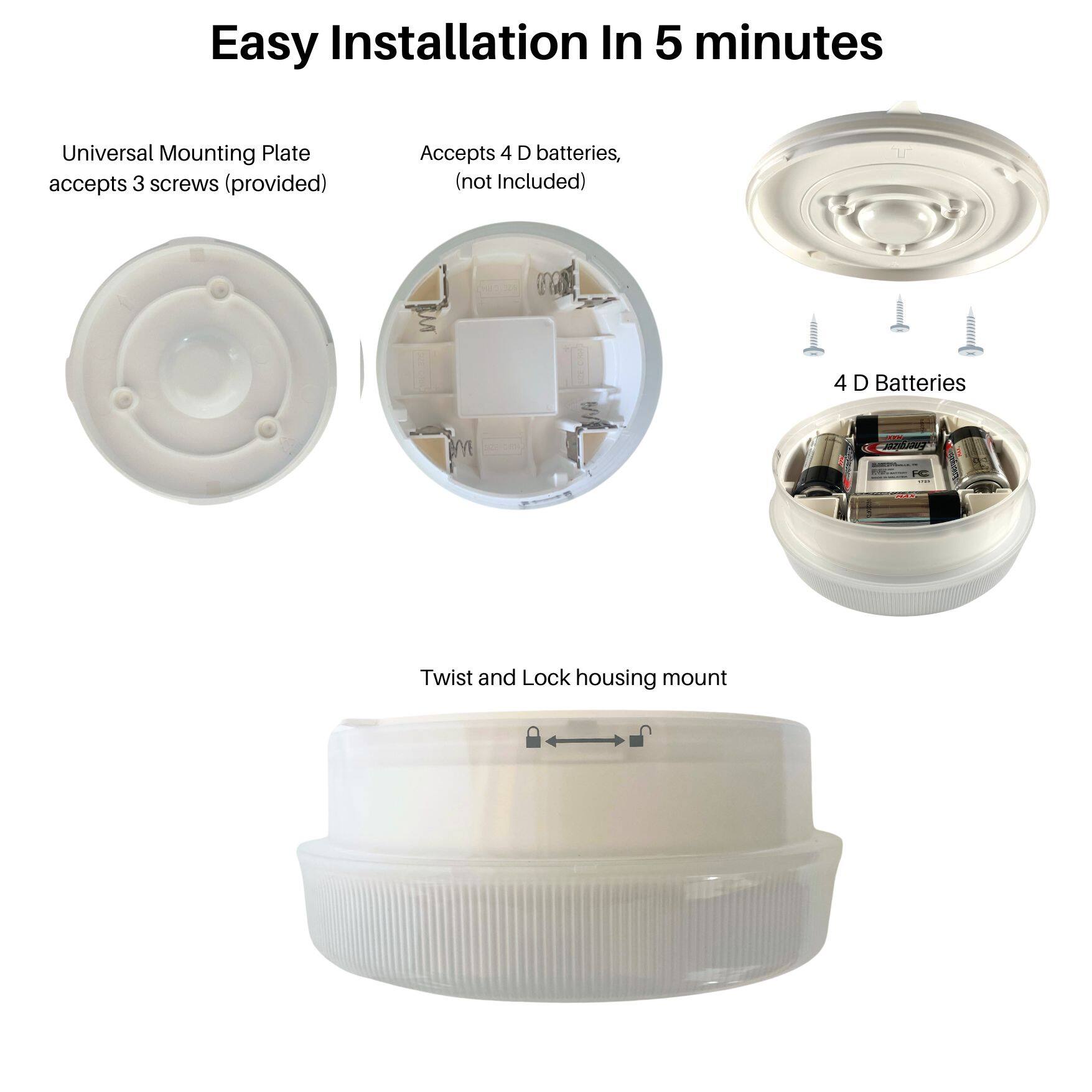 Easy Installation In 5 minutes

- Universal Mounting Plate accepts 3 screws (provided)
- Accepts 4 D batteries, (not Included)
- 4 D Batteries
- Twist and Lock housing mount