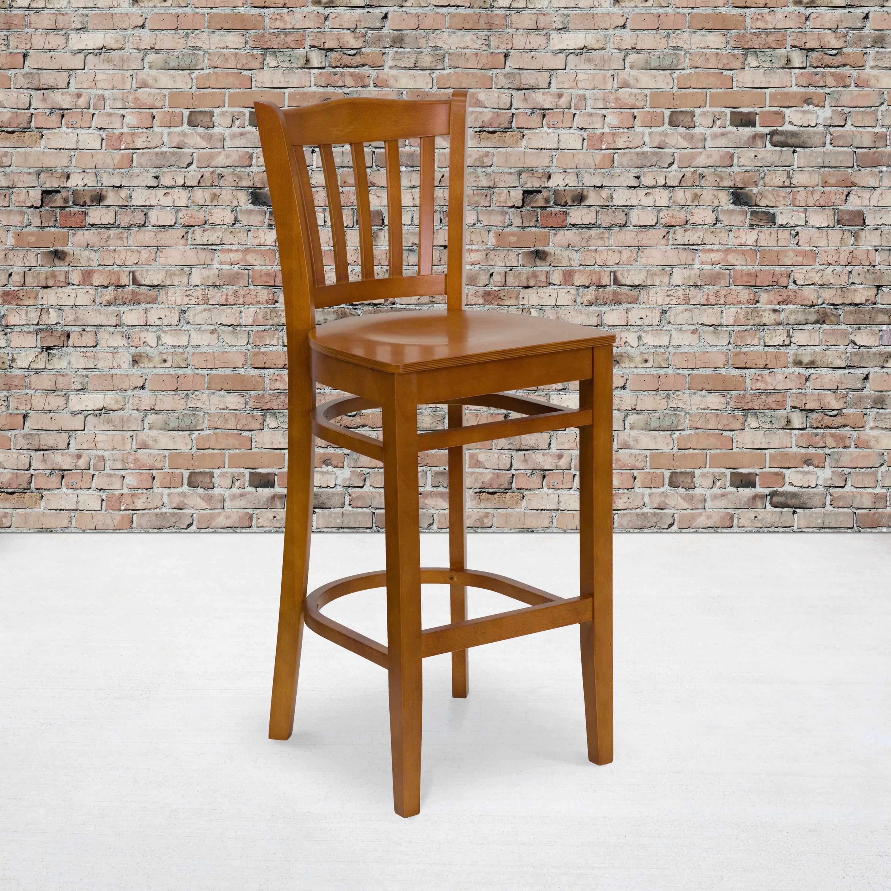 Alt View 1. Emma + Oliver - Vertical Slat Back Wooden Restaurant Dining Barstool - Cherry Wood Seat/Cherry Wood Frame.