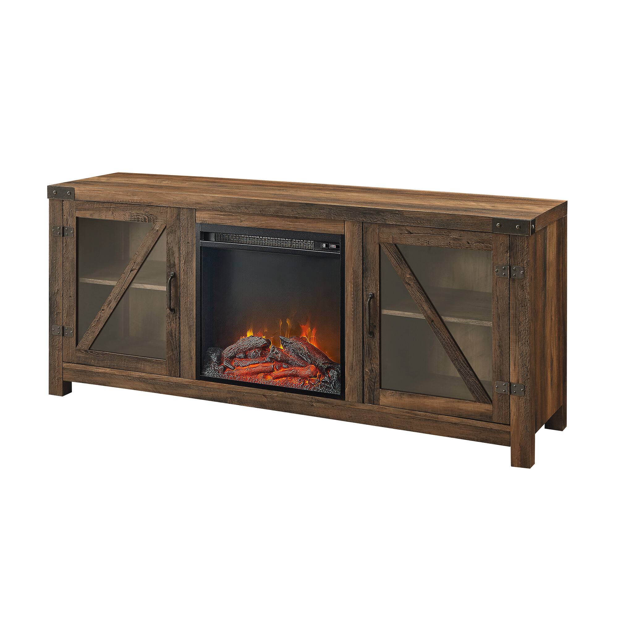 Angle. Walker Edison - 58" Modern Farmhouse Glass Door Fireplace TV Stand for Most TVs up to 65" - Rustic Oak.