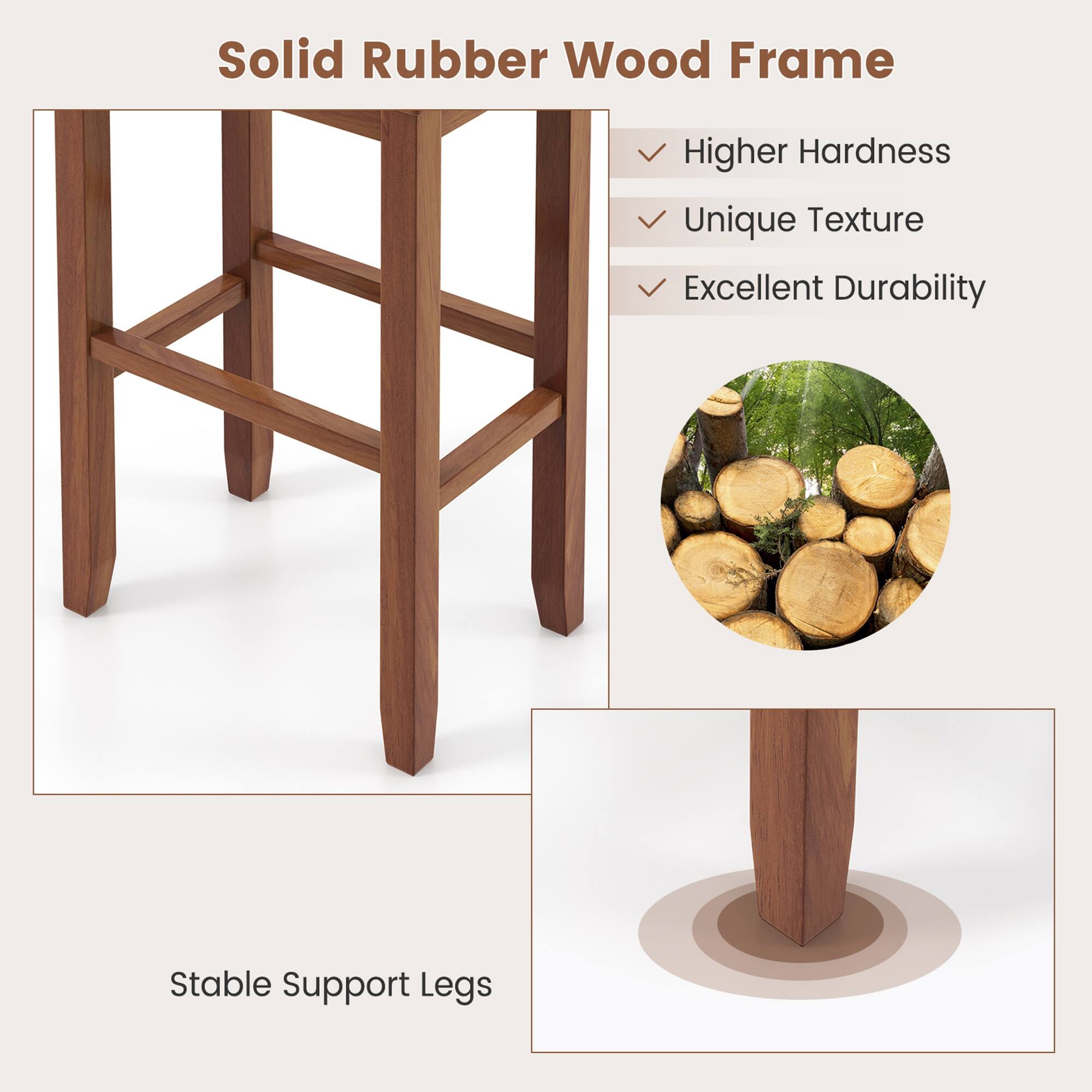 The text on the image reads: "Solid Rubber Wood Frame Higher Hardness Unique Texture Excellent Durability Stable Support Legs."