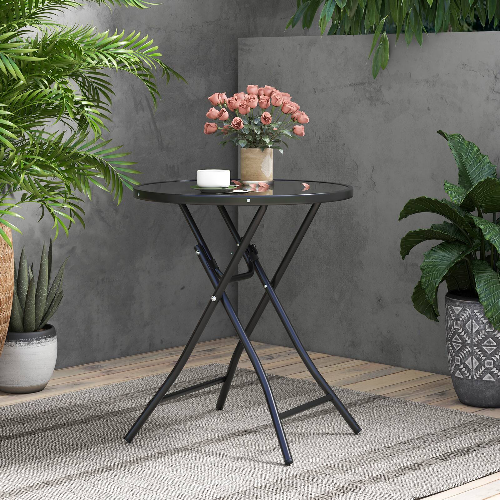 Alt View 4. Costway - Costway 23" Round Folding Table Outdoor Patio Bistro Table with Tempered Glass Tabletop - Black.