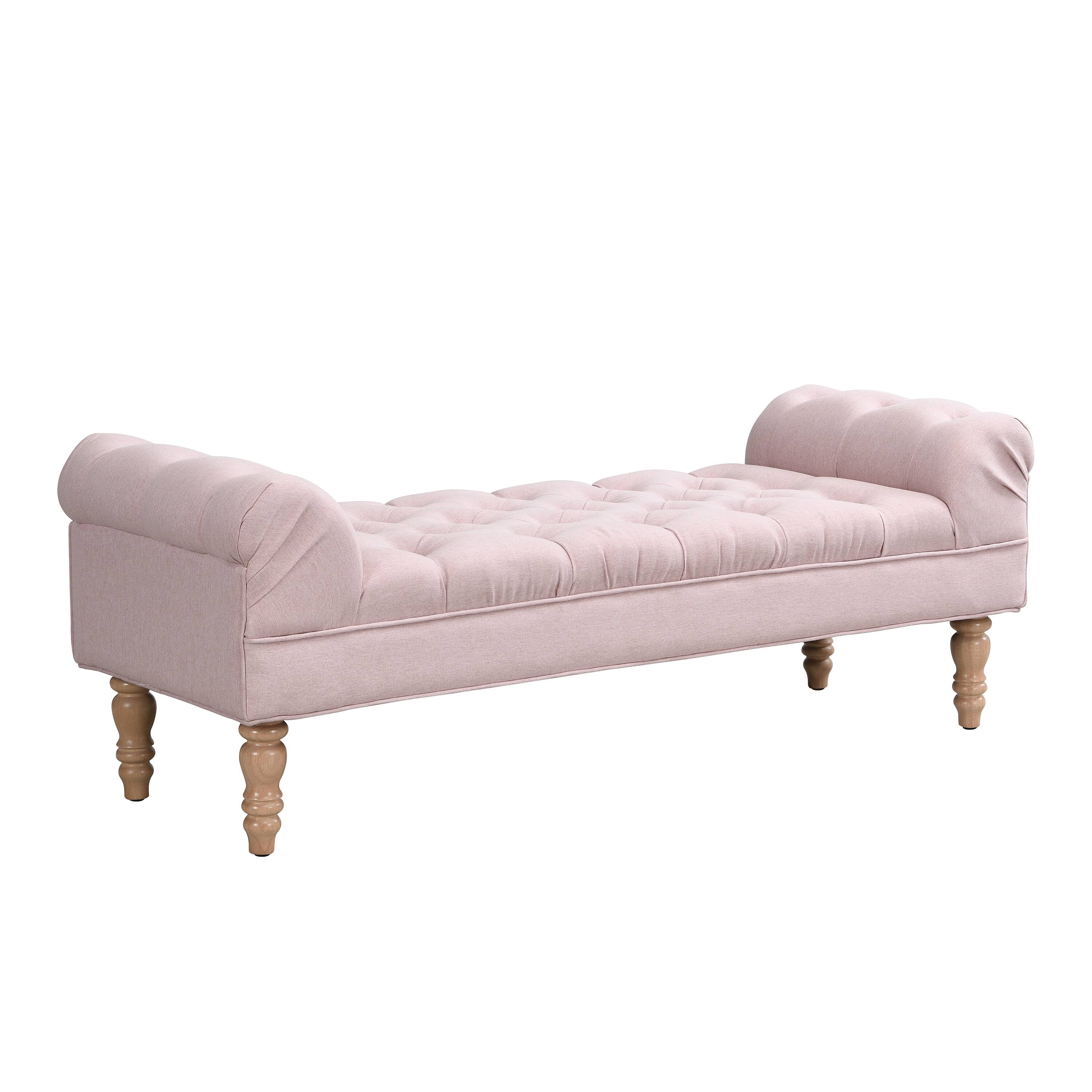 Angle. Whisen - Button-Tufted Bedroom Bench End of Bed Rolled Arms Ottoman for Living Room - Pink.