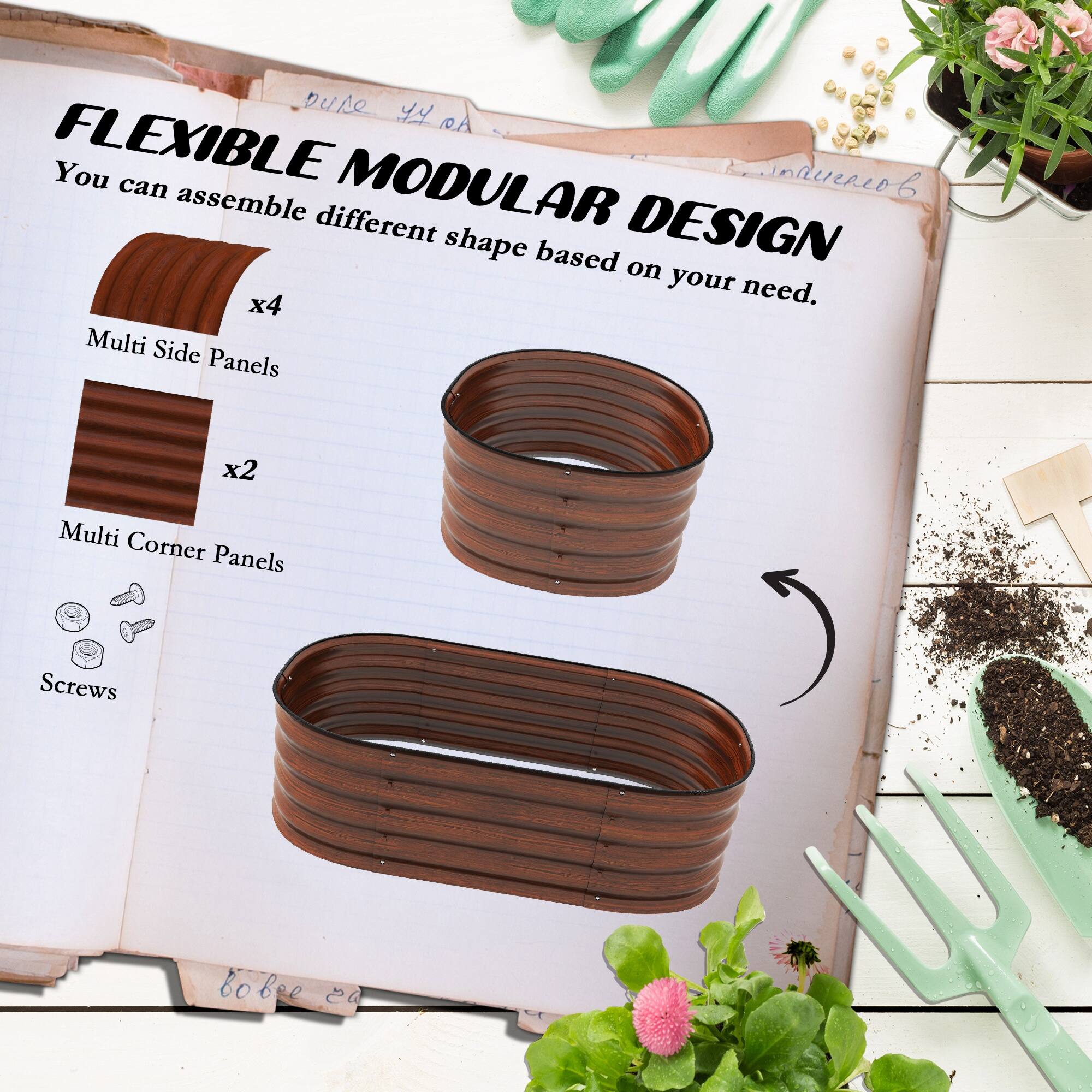 FLEXIBLE MODULAR DESIGN

You can assemble different shape based on your need.
x4 Multi Side Panels
x2 Multi Corner Panels
Screws