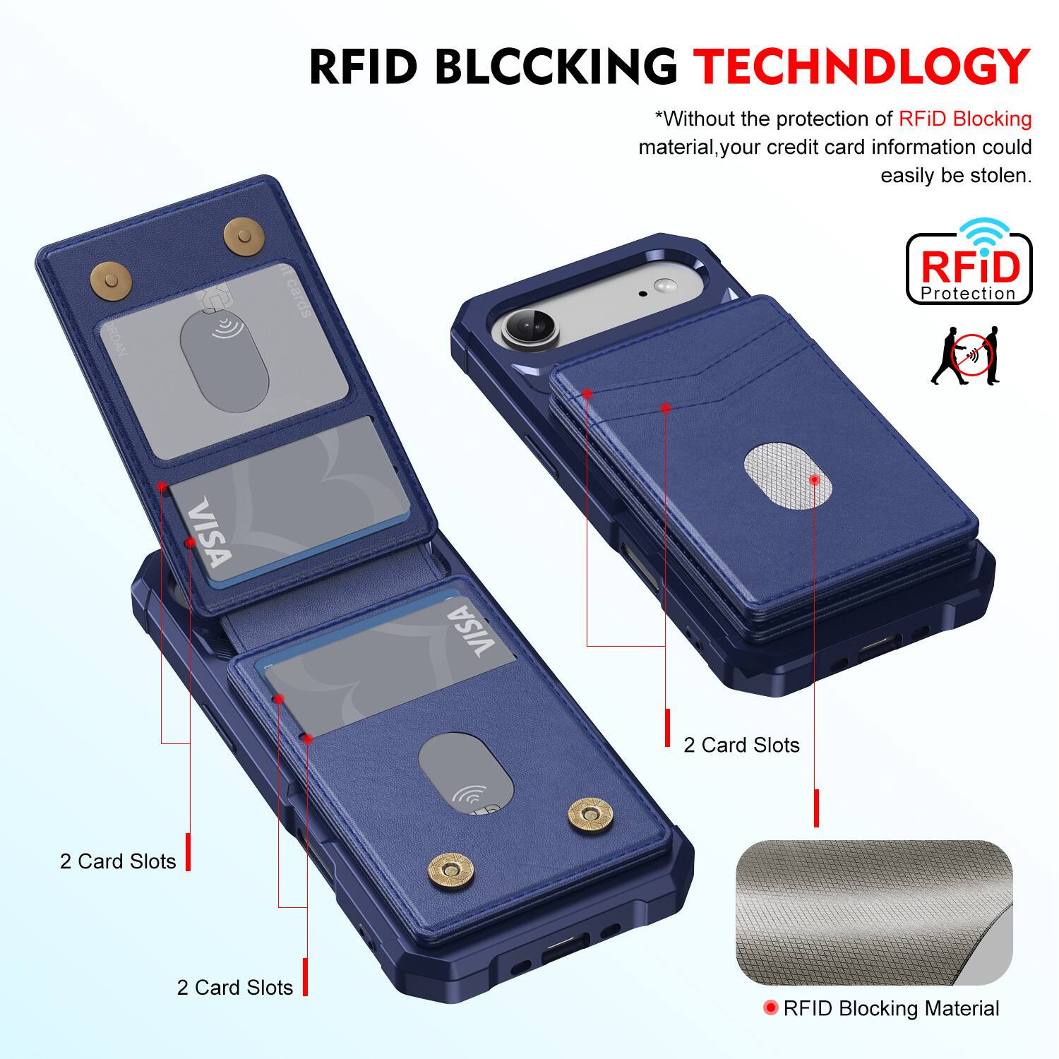 RFID BLOCKING TECHNOLOGY

*Without the protection of RFID Blocking material, your credit card information could easily be stolen.

RFID Protection

2 Card Slots

2 Card Slots

2 Card Slots

RFID Blocking Material