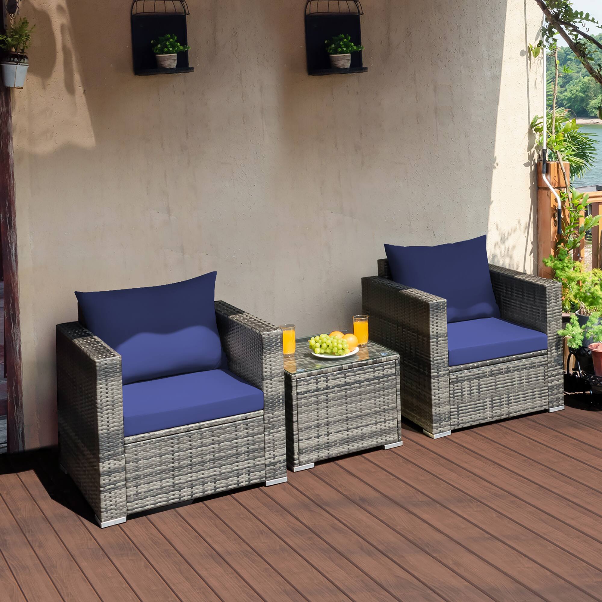 Alt View 1. Costway - 3 PC Patio Rattan Furniture Bistro Set Cushioned Sofa Chair Table - Navy.
