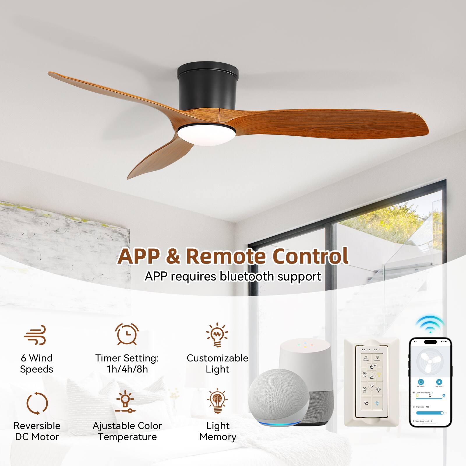 APP & Remote Control  
APP requires Bluetooth support  

- 6 Wind Speeds  
- Timer Setting: 1h/4h/8h  
- Customizable Light  
- Reversible DC Motor  
- Adjustable Color Temperature  
- Light Memory
