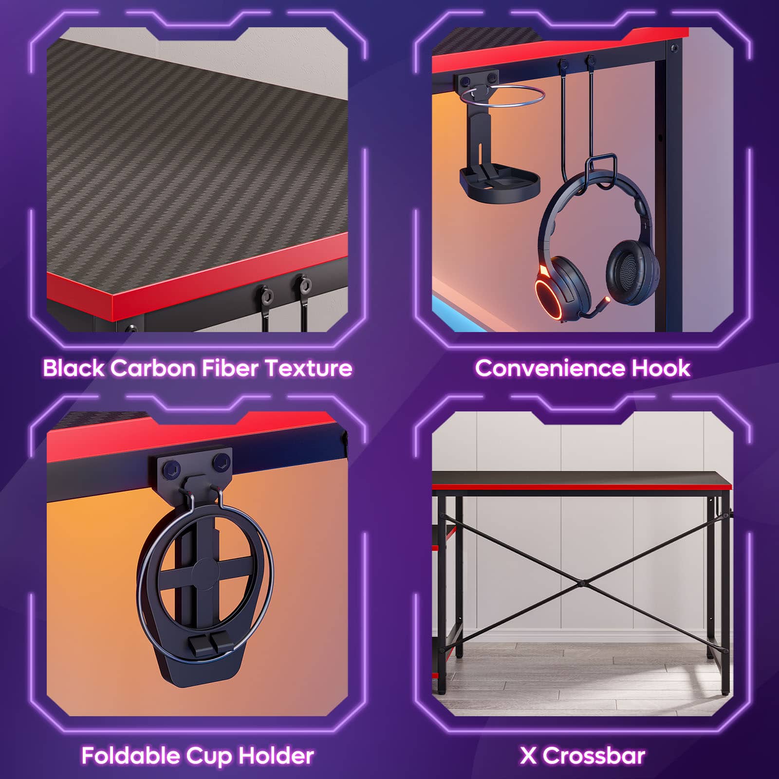 The image features a set of four different items, each with its own unique purpose. The first item is a black carbon fiber texture, which is a decorative element that adds visual interest to the space. The second item is a convenience hook, which is a practical tool for hanging items like bags or jackets. The third item is a foldable cup holder, which is a convenient way to store and transport cups without taking up much space. Finally, the fourth item is an X crossbar, which is a piece of equipment used for various purposes, such as hanging items or attaching other objects.