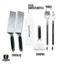 The image features a variety of Blackstone kitchen tools, including a squeeze bottle, tongs, spatulas, and a scraper. There are two sets of tongs and two spatulas, each with a squeeze bottle. The tools are designed for easy use and come with a one-year warranty.