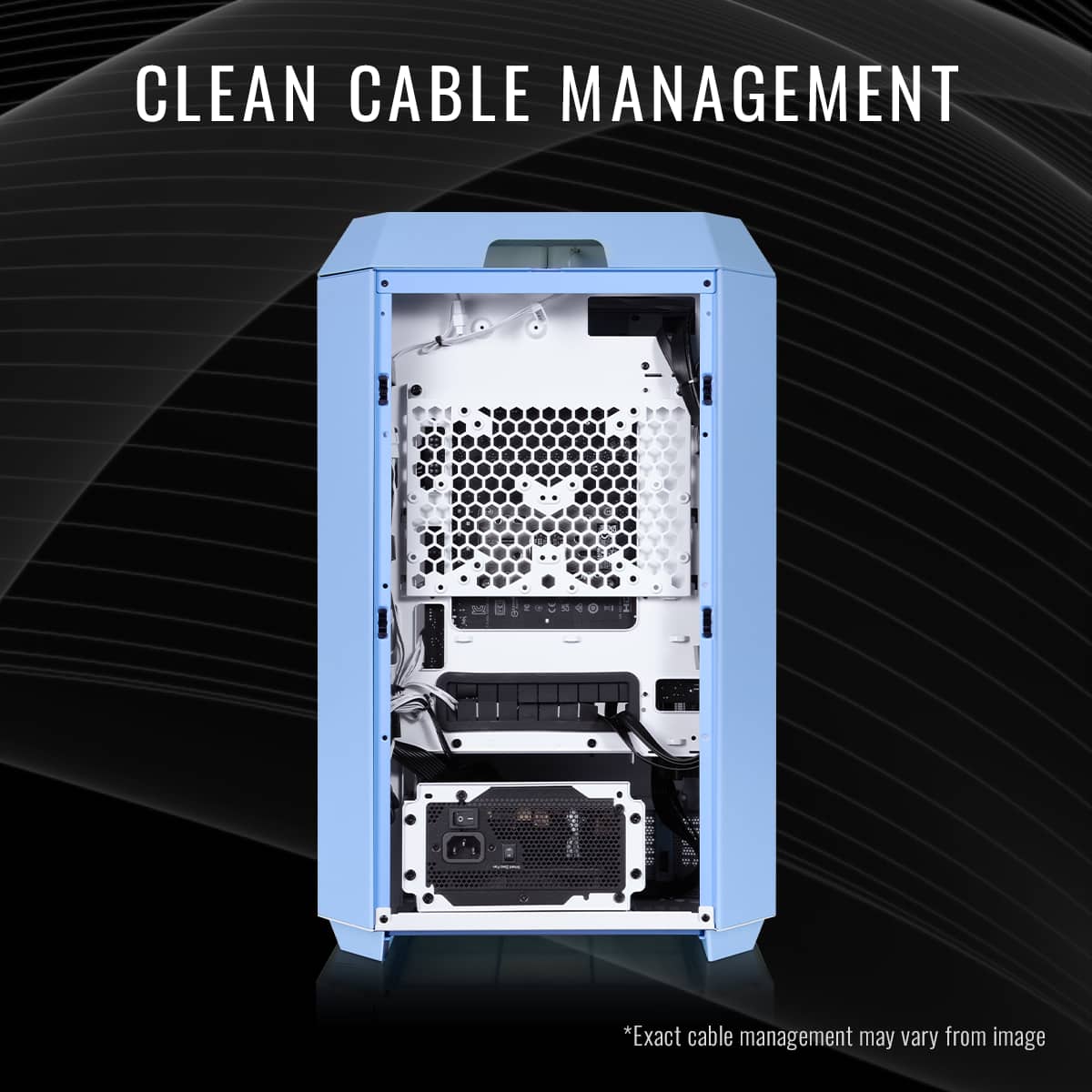 Clean cable management is a crucial aspect of maintaining a well-organized and functional computer setup. In the image, a blue computer tower is shown with its side panel removed, revealing the internal components. The image emphasizes the importance of cable management by showcasing the neatly arranged cables within the computer. By keeping the cables clean and organized, it not only improves the aesthetics of the computer setup but also ensures that the components are easily accessible and maintainable.