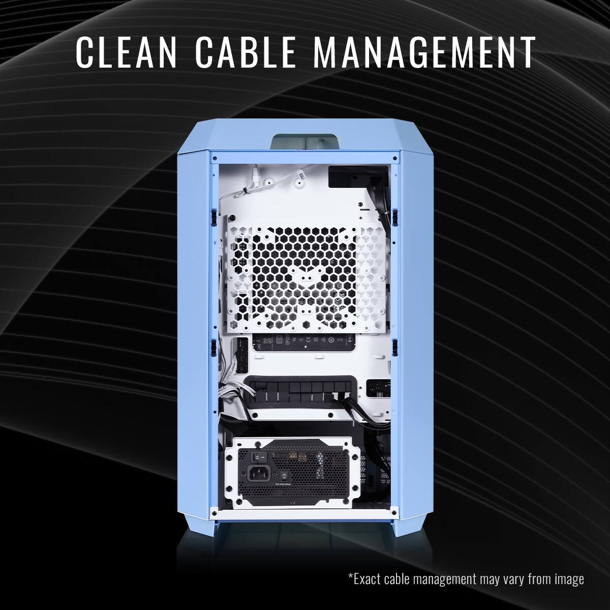 Clean cable management is a crucial aspect of maintaining a well-organized and functional computer setup. In the image, a blue computer tower is shown with its side panel removed, revealing the internal components. The image emphasizes the importance of cable management by showcasing the neatly arranged cables within the computer. By keeping the cables clean and organized, it not only improves the aesthetics of the computer setup but also ensures that the components are easily accessible and maintainable.