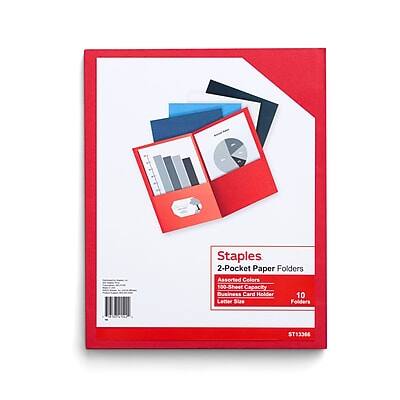 Staples  
2-Pocket Paper Folders  
Assorted Colors  
100-Sheet Capacity  
Business Card Holder  
10 Letter Size Folders  
ST13364