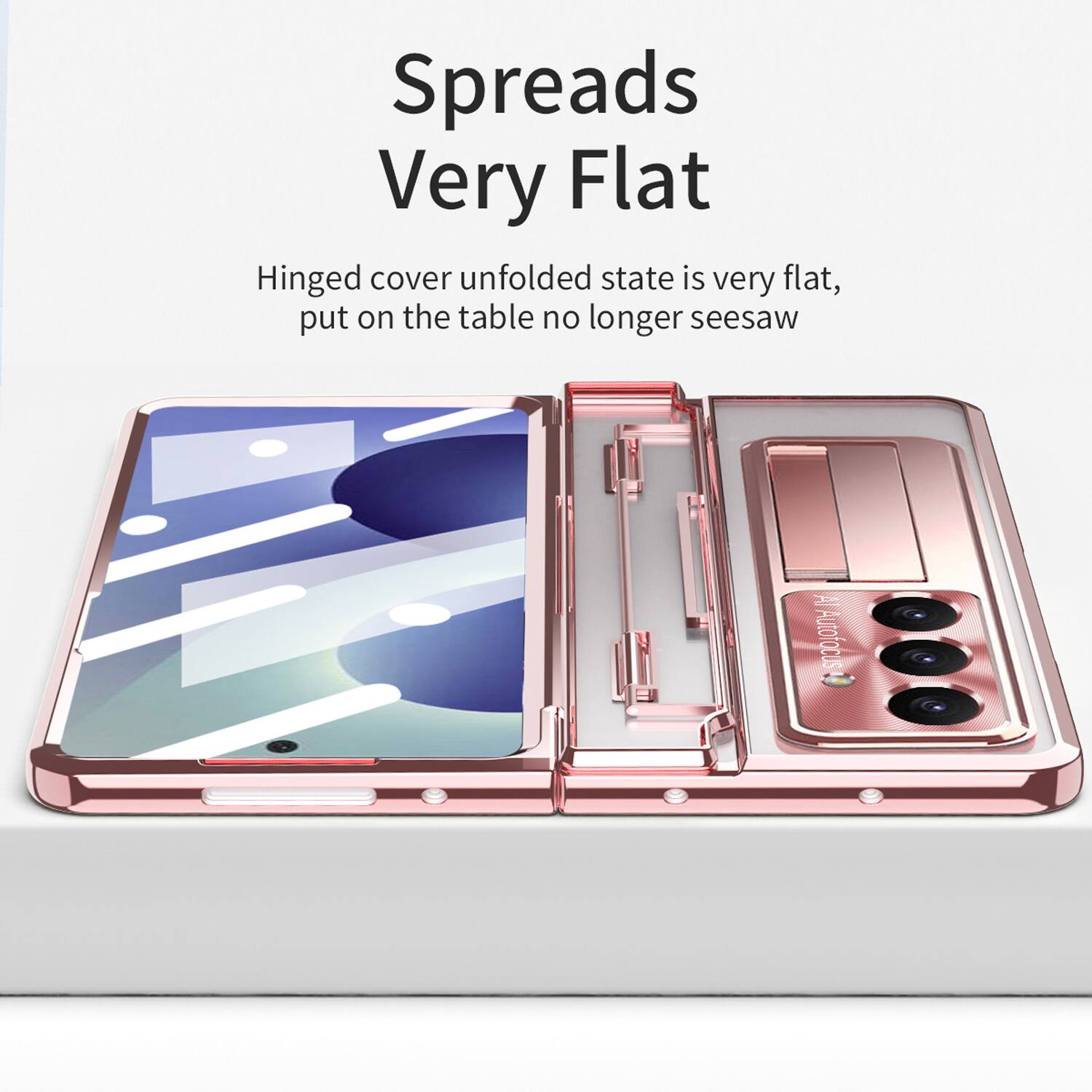 Spreads Very Flat

Hinged cover unfolded state is very flat, put on the table no longer seesaw