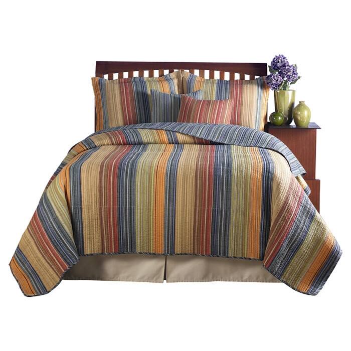 Angle. Hivvago - Full / Queen 100% Cotton Quilt Set with Red Orange Blue Brown Stripes - Multicolor.