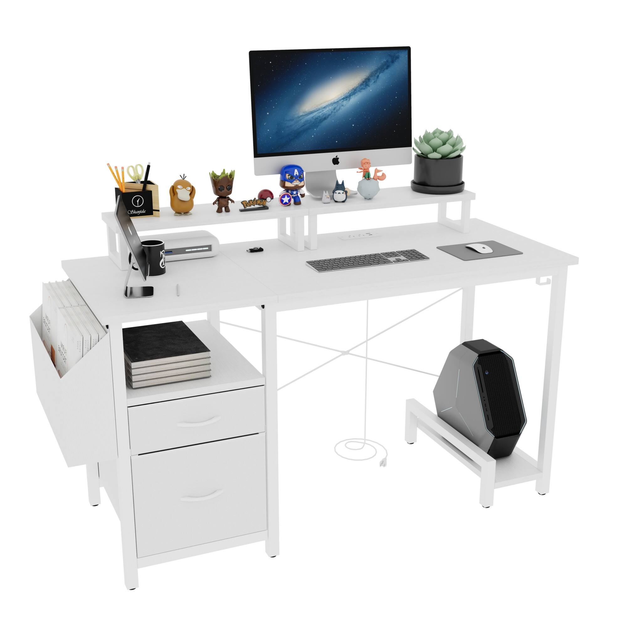 Glintex - 47.3"office desk with power outlet,2 Monitor Stands,2 drawers,Side Pocket,Easy to Assemble,Frame stability Reversible - White