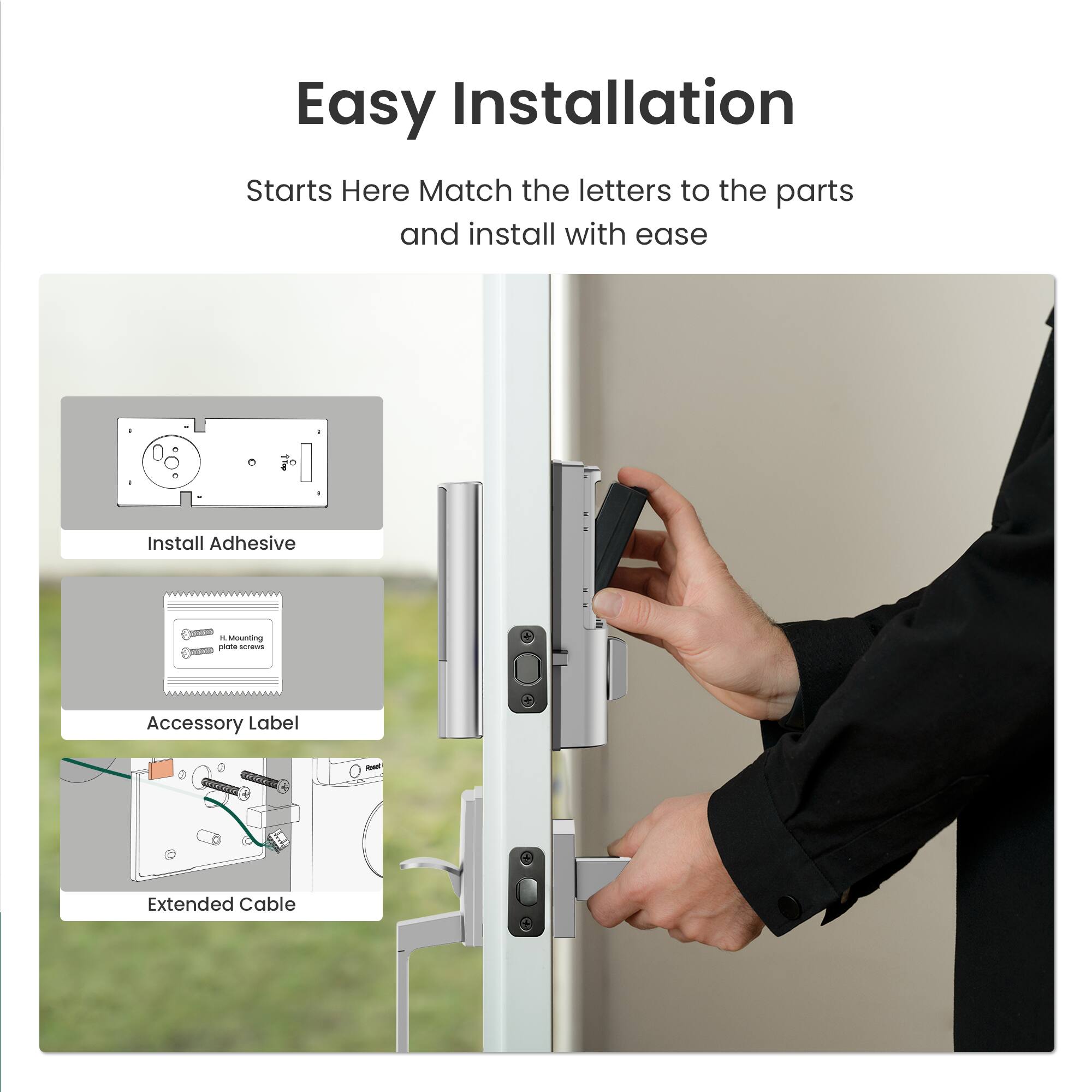 Easy Installation

Starts Here Match the letters to the parts and install with ease

- Install Adhesive
- Accessory Label
- Extended Cable
