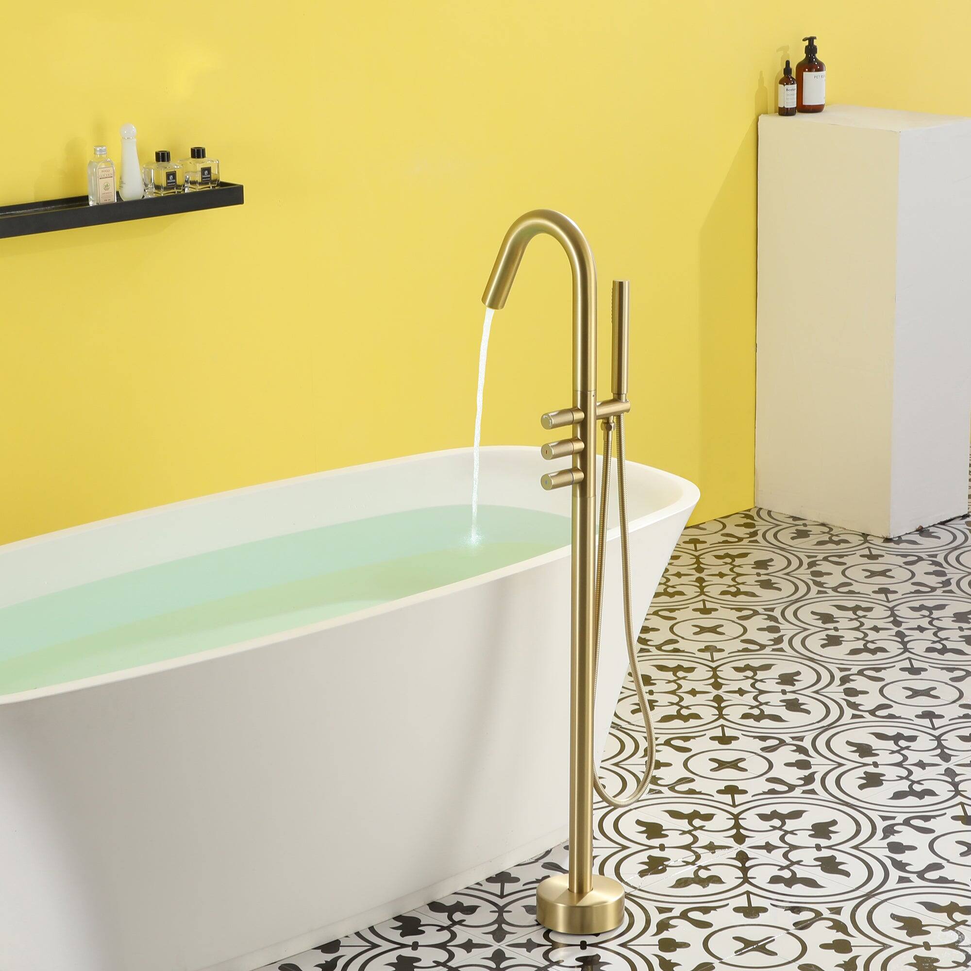 Alt View 5. Boyel Living - Freestanding Floor Mount 3-Handle Bath Tub Filler Faucet with Handheld Shower and Water Supply Lines in Brushed Gold - Brushed Gold.