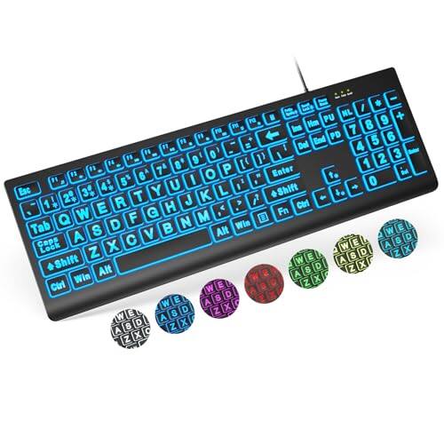Stamp n Camp - Large Print Backlit Wired USB Lighted Computer Keyboards with 7-Color & 4 Modes Oversize Letters Keys Easy to See and - Black