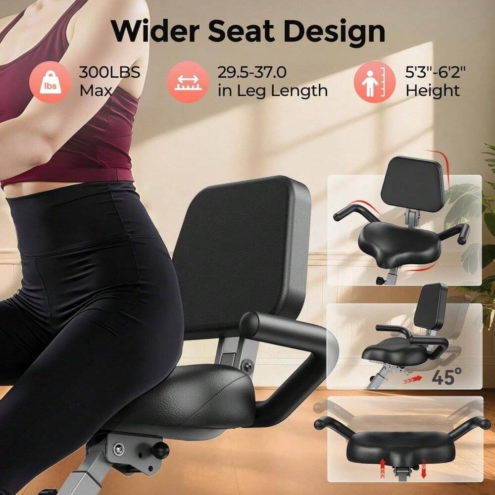 Wider Seat Design

- 300LBS Max
- 29.5-37.0 in Leg Length
- 5'3"-6'2" Height
- 45°