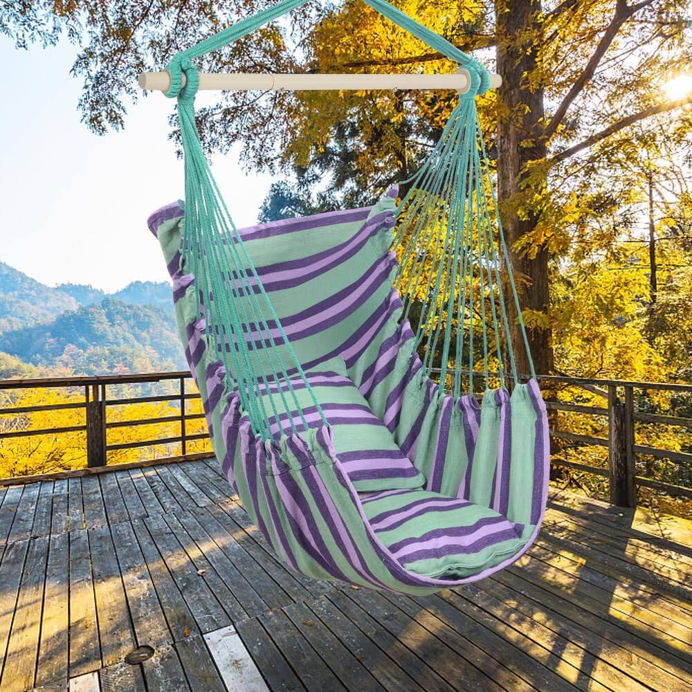 Alt View 4. Winado - Hammock Chair Hanging Rope Swing, Macrame Hammock Swing Seat with 2 Cushions, Portable Steel Spreader Bar for In/Outdoor - Green Stripes.