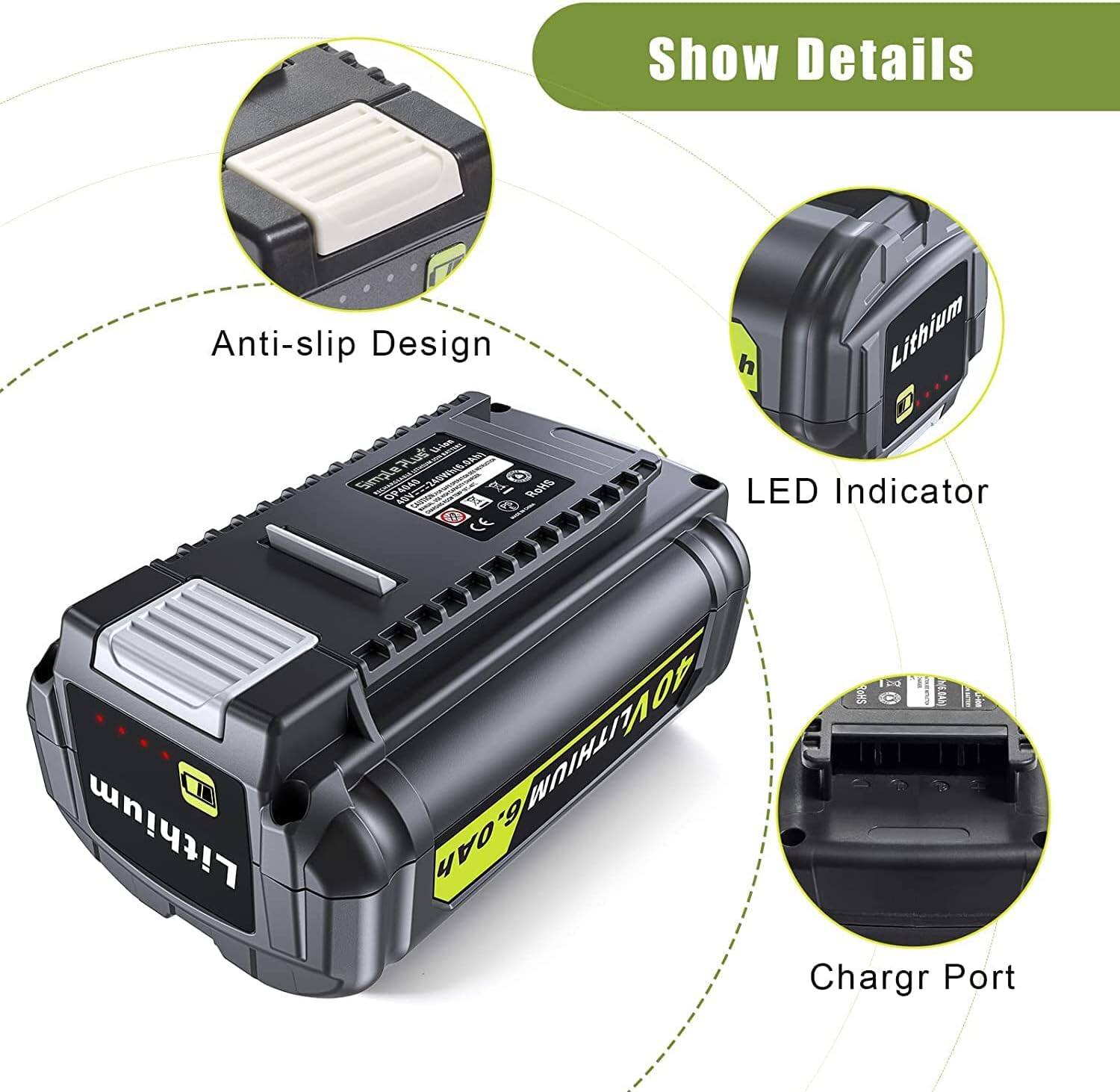 Show Details  
Anti-slip Design  
Lithium  
LED Indicator  
Charger Port