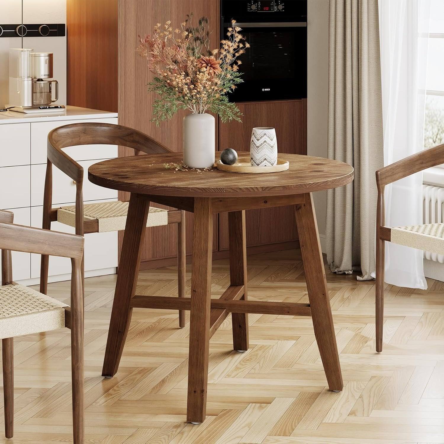 Front. Tribesigns - Farmhouse Solid Wood Dining Table with Space-Saving Design and Round Top for Kitchen - Walnut.