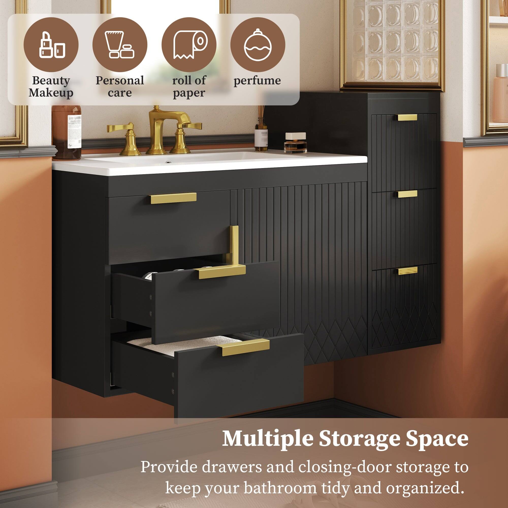 Beauty, Personal care, roll of paper, perfume

Multiple Storage Space
Provide drawers and closing-door storage to keep your bathroom tidy and organized.