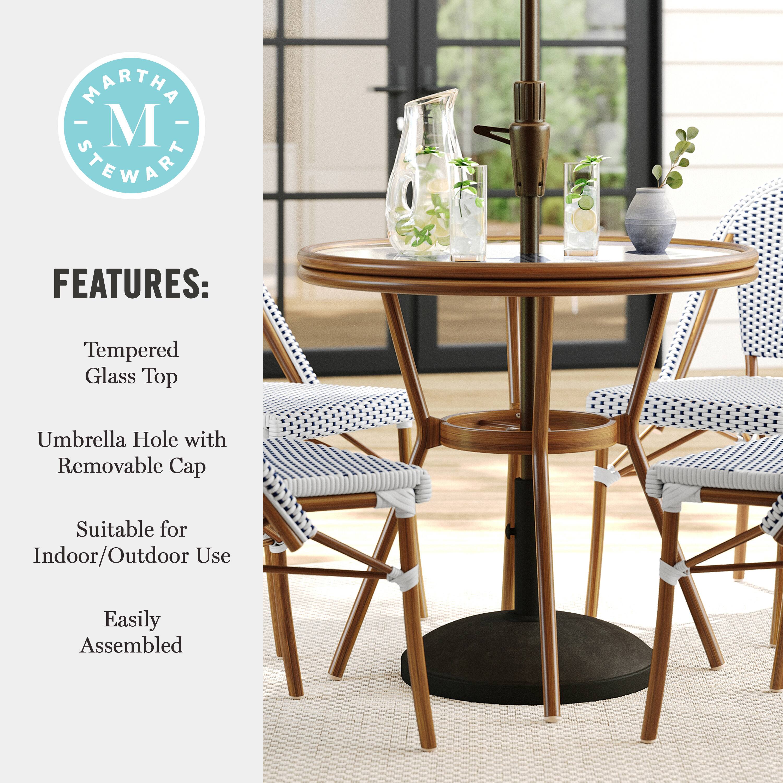 MARTHA STEWART FEATURES: Tempered Glass Top, Umbrella Hole with Removable Cap, Suitable for Indoor/Outdoor Use, Easily Assembled.