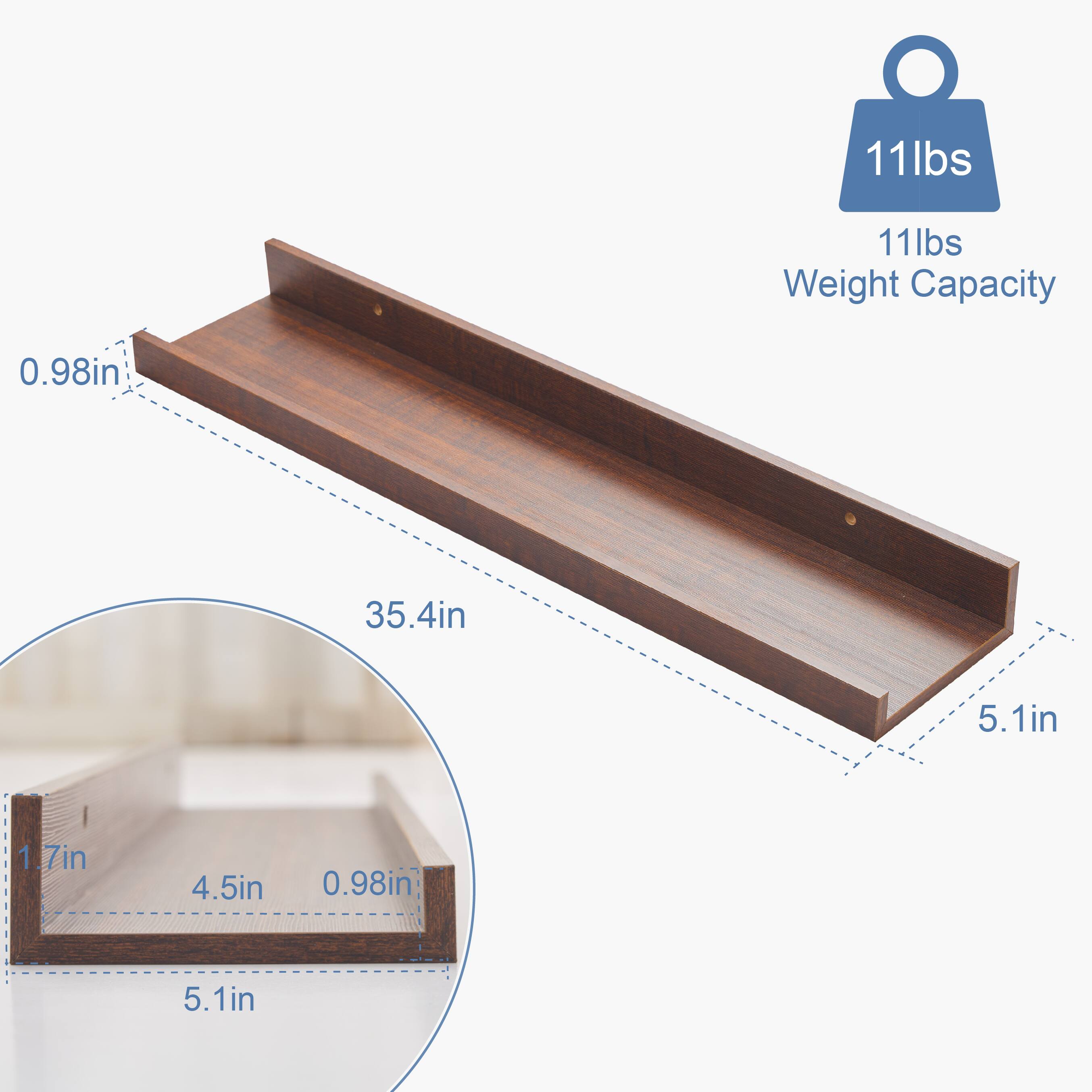 11 lbs  
11 lbs Weight Capacity  

0.98 in  
35.4 in  
5.1 in  

1.7 in  
4.5 in  
0.98 in  
5.1 in