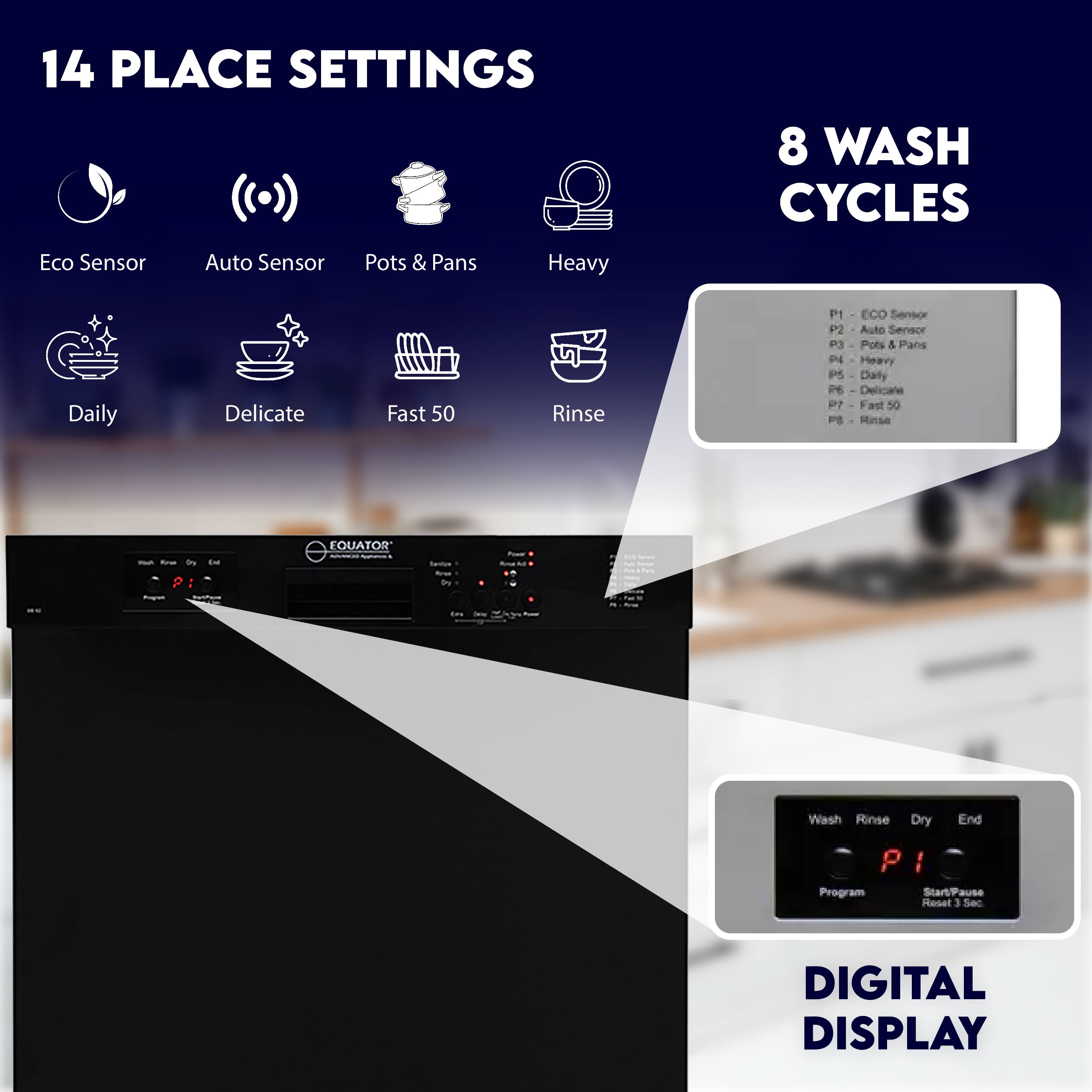 14 PLACE SETTINGS

- Eco Sensor
- Auto Sensor
- Pots & Pans
- Heavy
- Daily
- Delicate
- Fast 50
- Rinse

8 WASH CYCLES

- P1 - ECO Sensor
- P2 - Auto Sensor
- P3 - Pots & Pans
- P4 - Heavy
- P5 - Daily
- P6 - Delicate
- P7 - Fast 50
- P8 - Rinse

DIGITAL DISPLAY

- Wash
- Rinse
- Dry
- End

- Program
- Start/Pause
- Reset 3 Sec