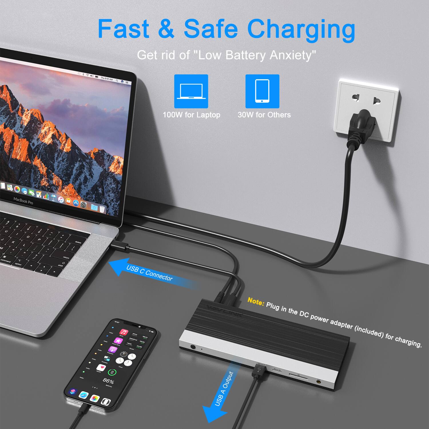 Fast & Safe Charging  
Get rid of "Low Battery Anxiety"  

- 100W for Laptop  
- 30W for Others  

MacBook Pro  

USB C Connector  

Note: Plug in the DC power adapter (included) for charging.  

USB A Output
