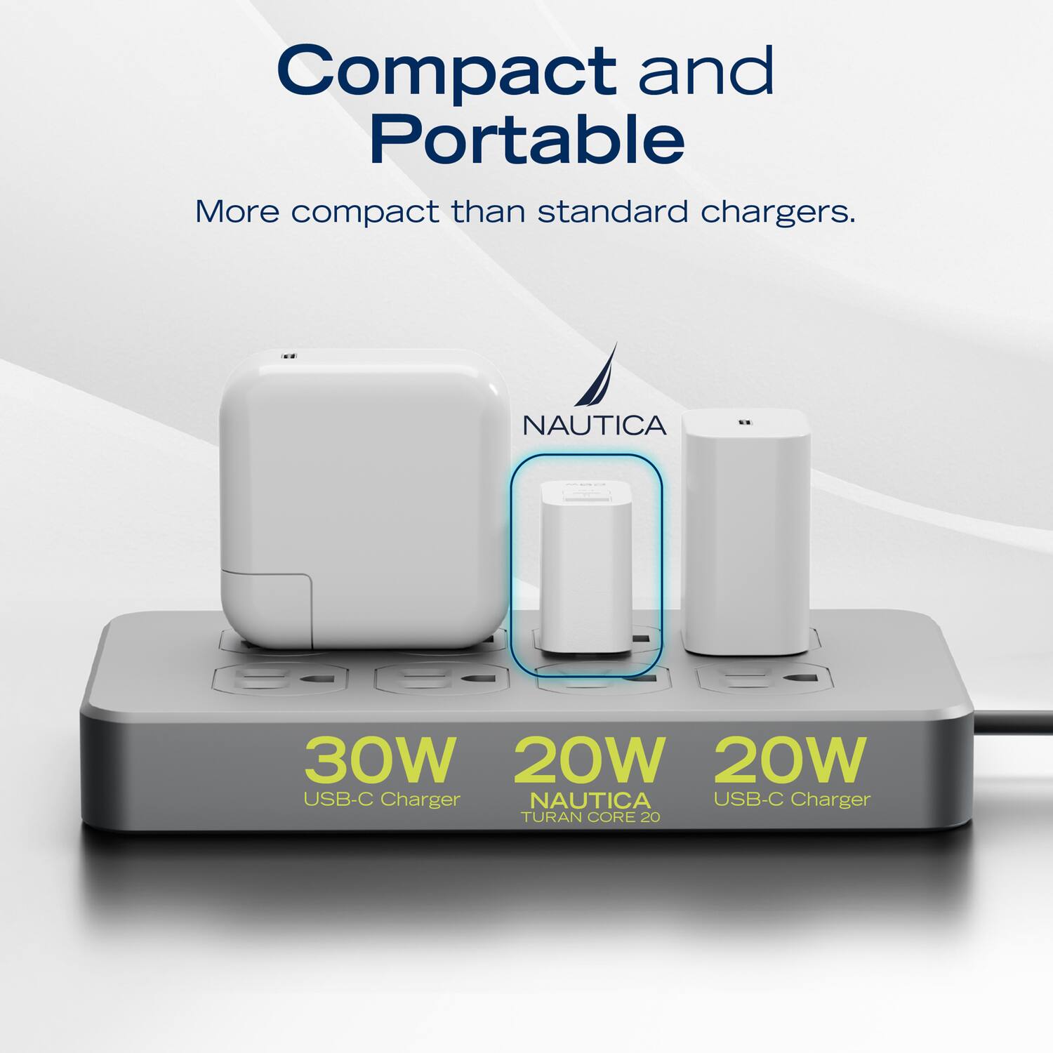 Compact and Portable  
More compact than standard chargers.  

30W USB-C Charger  
20W NAUTICA USB-C Charger  
20W TURAN CORE 20 USB-C Charger