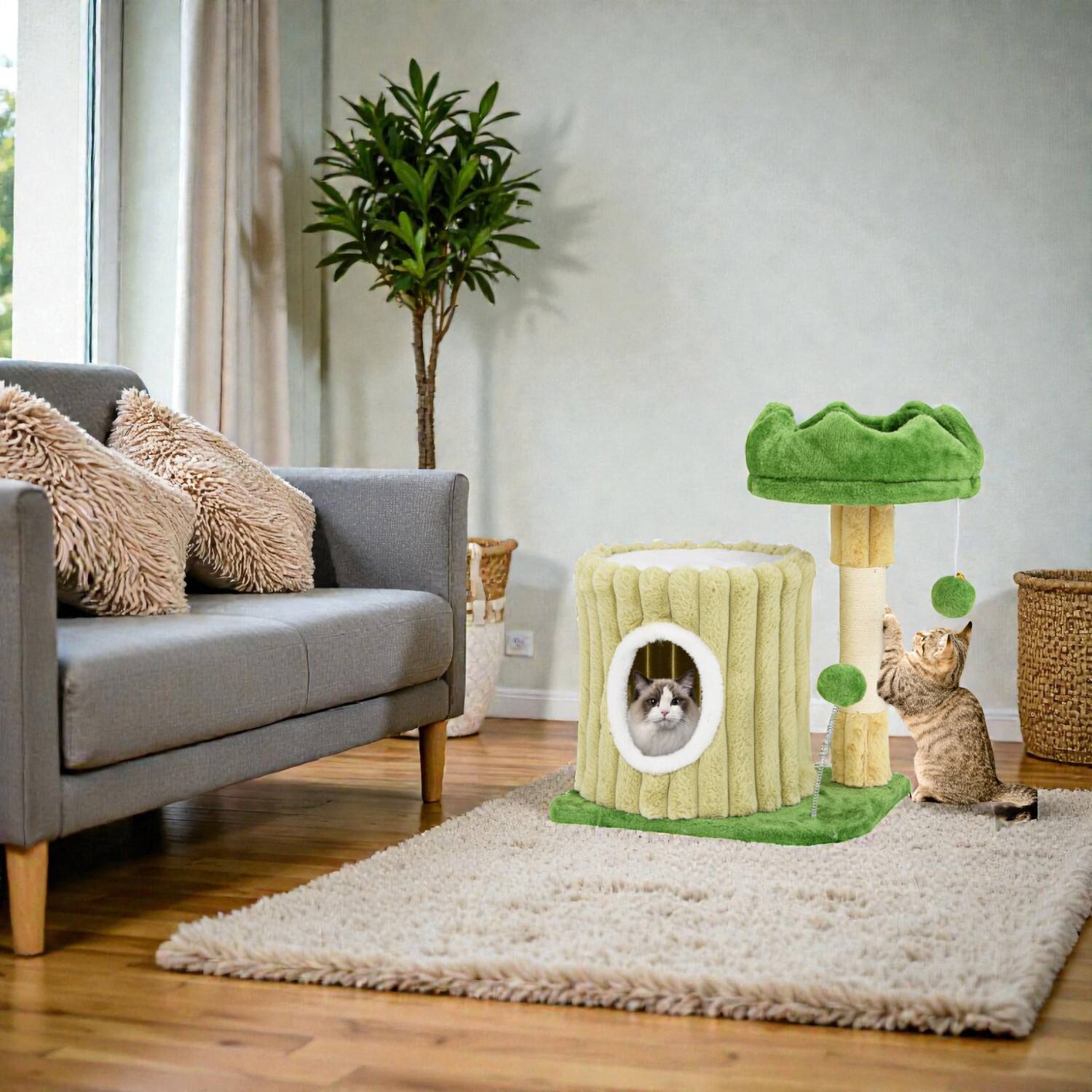 Front. BreeBe - Adorable Cat Tower with Sisal Scratch Posts and Hanging Toy Ball - Green.