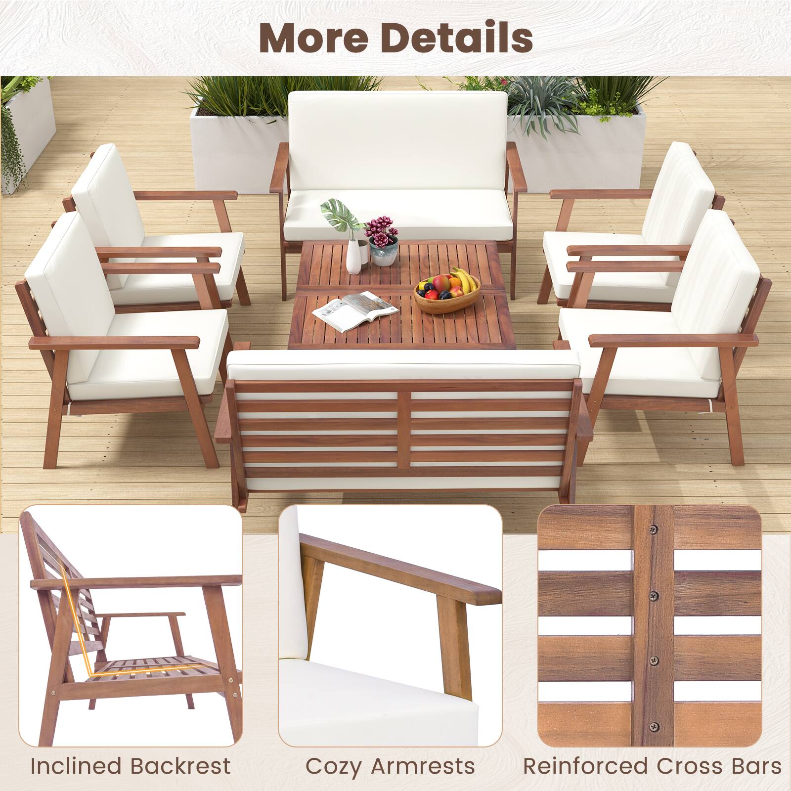 More Details: Inclined Backrest, Cozy Armrests, Reinforced Cross Bars