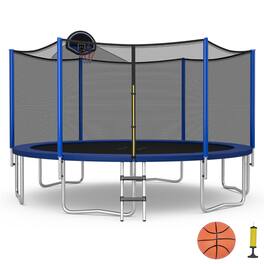 Gymax - 12FT Outdoor Large Trampoline Safety Enclosure Net w/ Basketball - Blue + Black