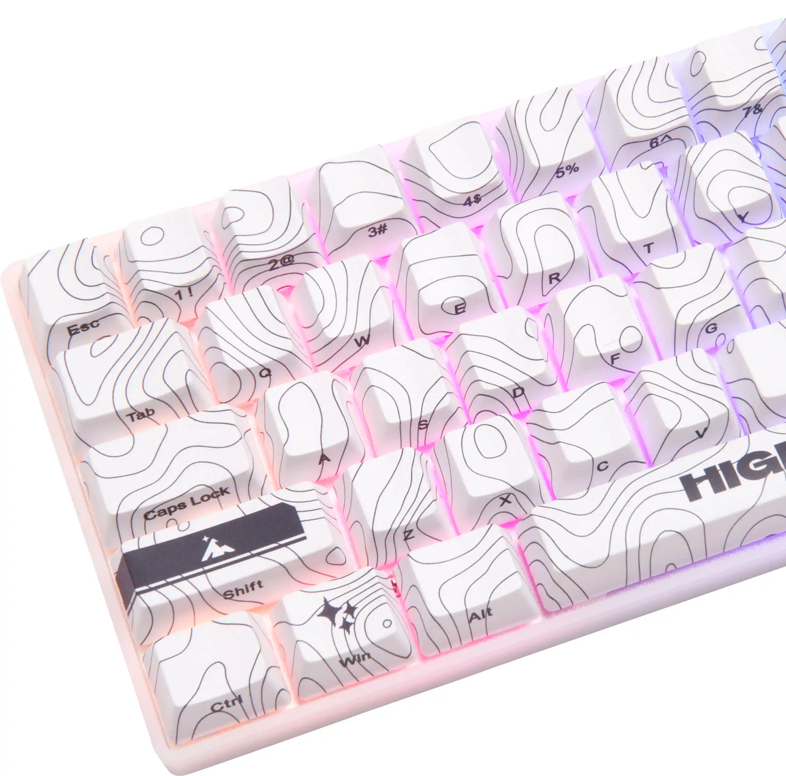 The image shows a white and pink keyboard with a map design on it. The keys are labeled with letters and numbers, including the letters A, B, C, D, E, F, G, H, I, J, K, L, M, N, O, P, Q, R, S, T, U, V, W, X, Y, and Z. Additionally, there are arrow keys and a number pad on the keyboard. The keyboard is designed with a map theme, featuring a map of the world on the keys.