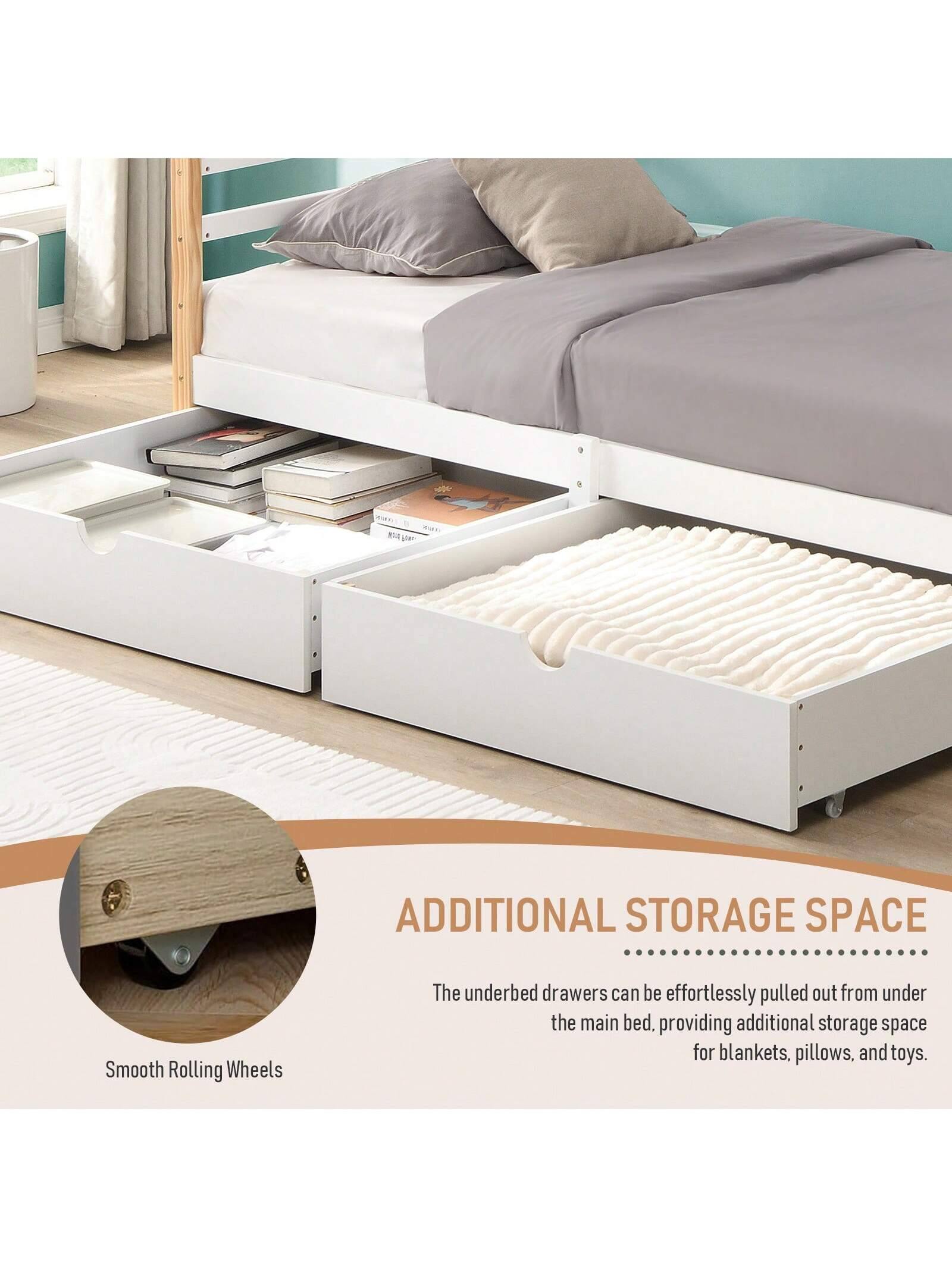 ADDITIONAL STORAGE SPACE

The underbed drawers can be effortlessly pulled out from under the main bed, providing additional storage space for blankets, pillows, and toys.

Smooth Rolling Wheels